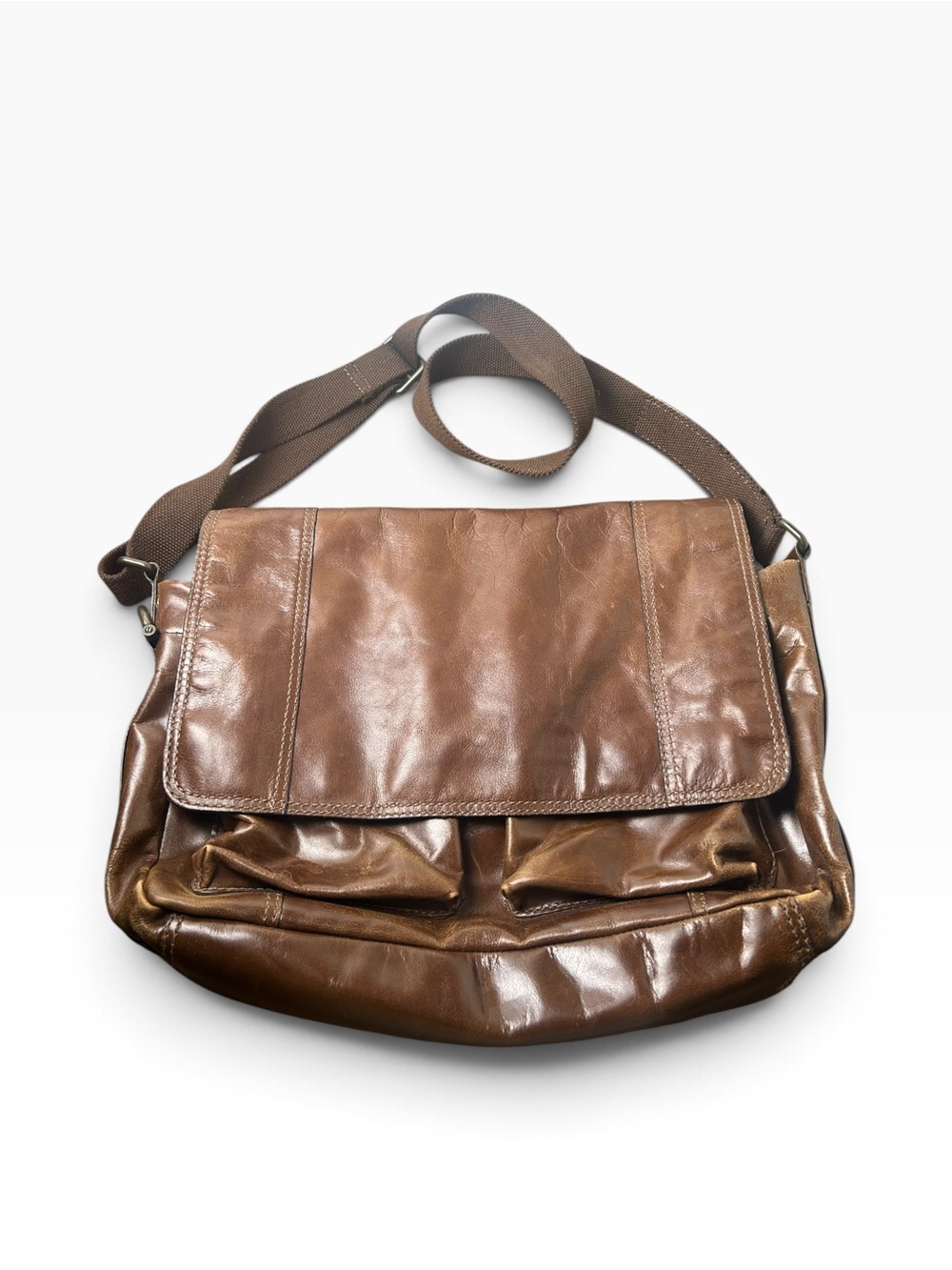 Fossil Brown Leather Messenger Crossbody Bag Large Flap Shoulder Satchel